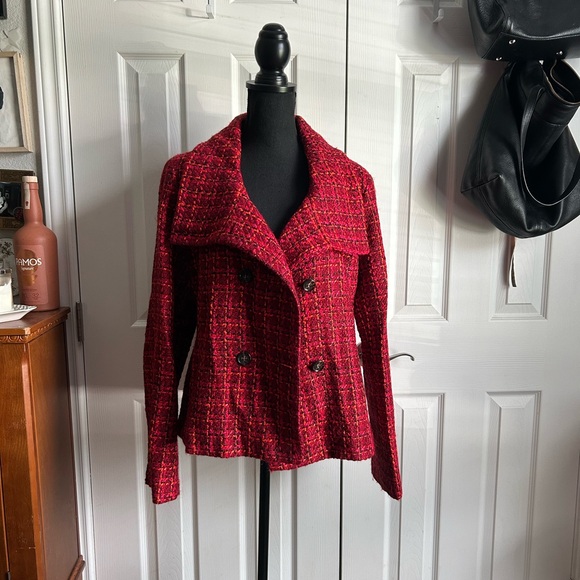 talbots | red wool blend tweed cropped wide lapel peacoat blazer - Picture 1 of 8